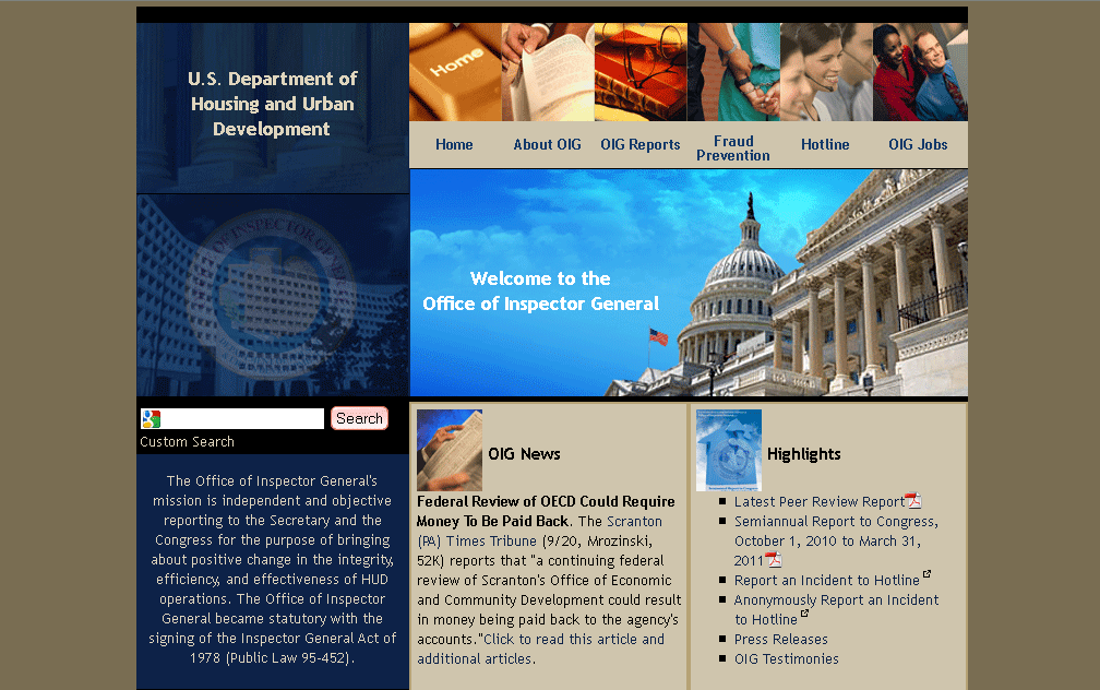 Screen of Office of Inspector General web site